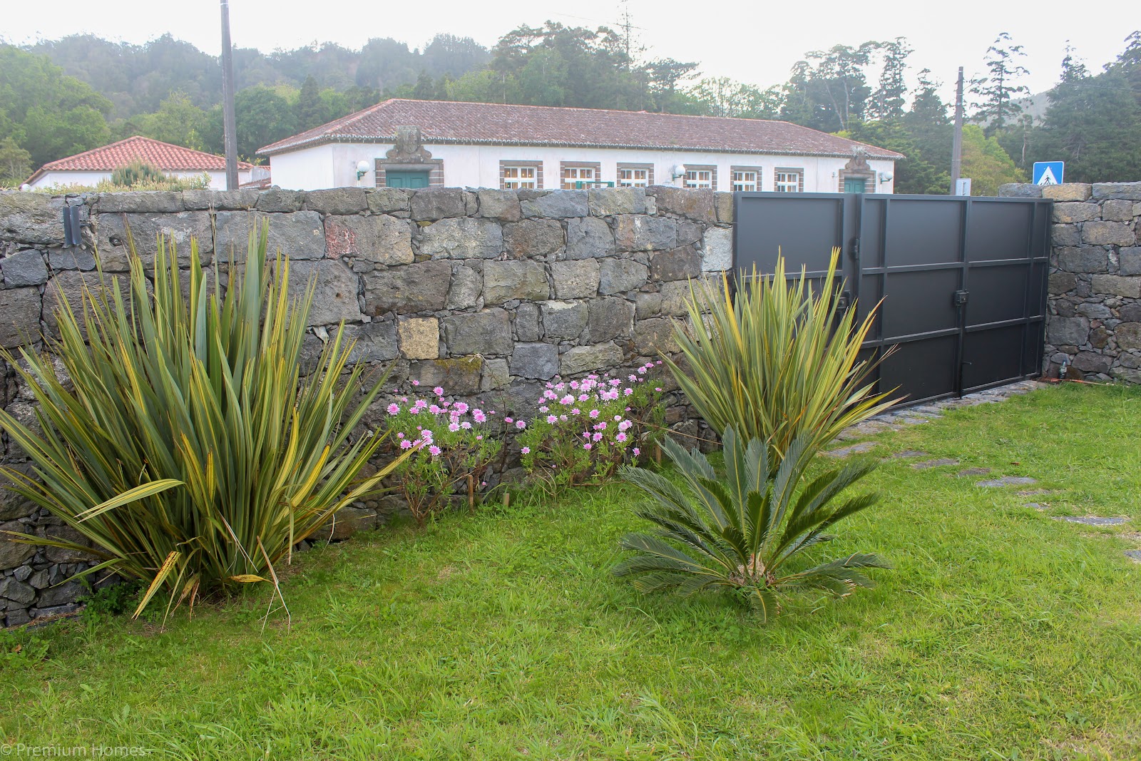 Casa das Camélias garden with grass, stone wall, gate, and greenery